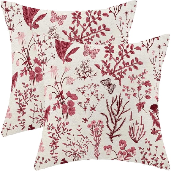 Christmas Pillow Covers 20x20 Inch Set of 2,Burgundy Red Wild Flower Plant Throw Pillows Case,Seasonal Floral Outdoor Decorative Square Linen Farmhouse Decor Cushion Covers for Home Sofa bed Couch