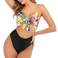 thumbnail image 4 of SWSMCLT Women's High Leg Bathing Suit One Piece Color Block Sexy Cutout Cut Out Brazilian Cheeky Monokini Swimsuit Swimwear V Neck Ruched Front Tie Knotted Open Stomach Floral Yellow 8 10, 4 of 5
