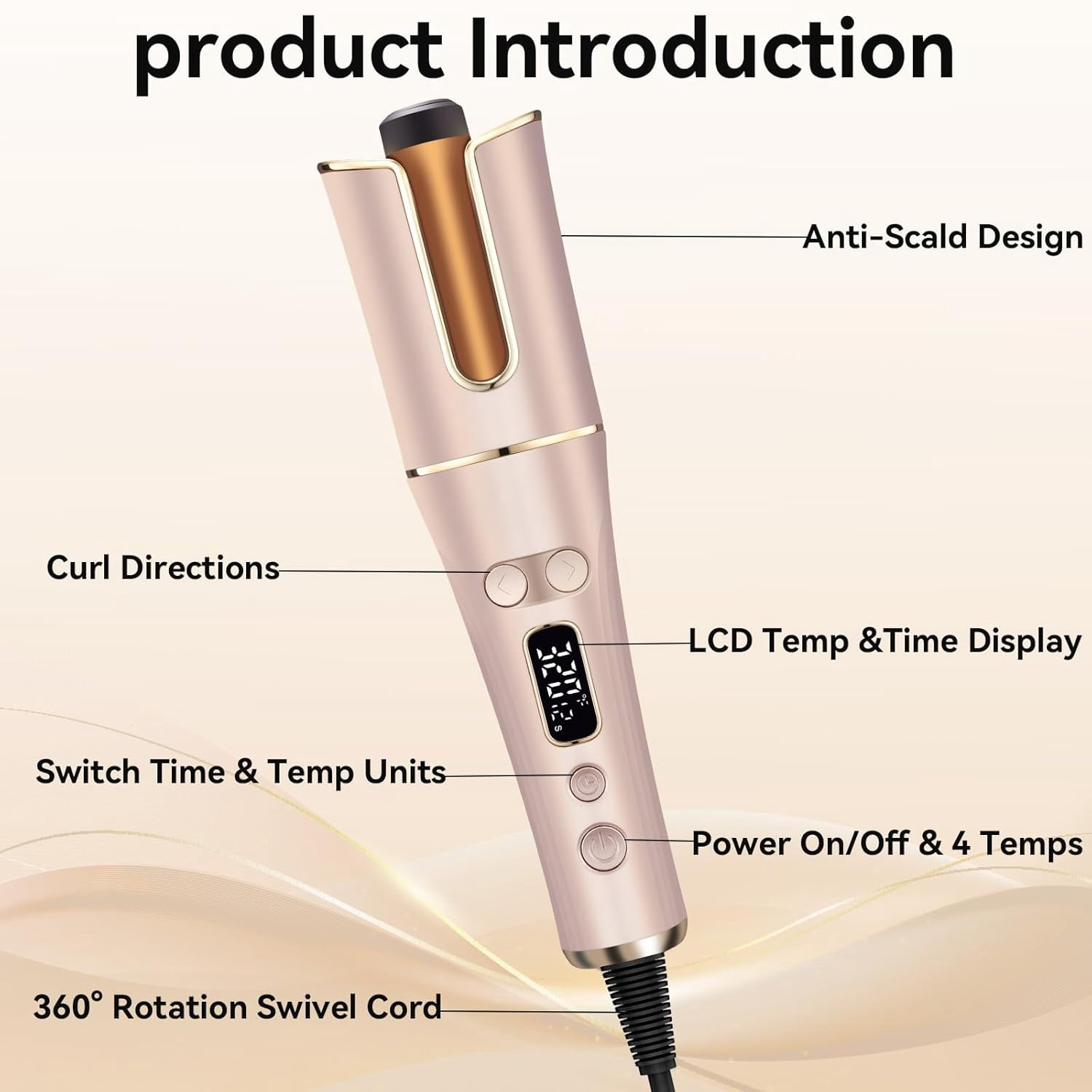 Automatic Hair Curler with 5 Temperature & 3 Timer Settings, Auto-Rotating Ceramic Curling Iron with LCD Display, Anti-Tangle & Anti-Scald Design