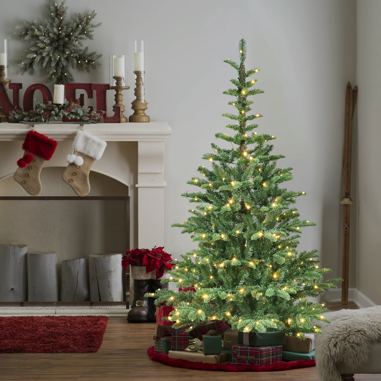 8ft Prelit Christmas Tree with Wooden Base 1307 Tips 500 Warm White LED Lights Rustic Holiday Decor