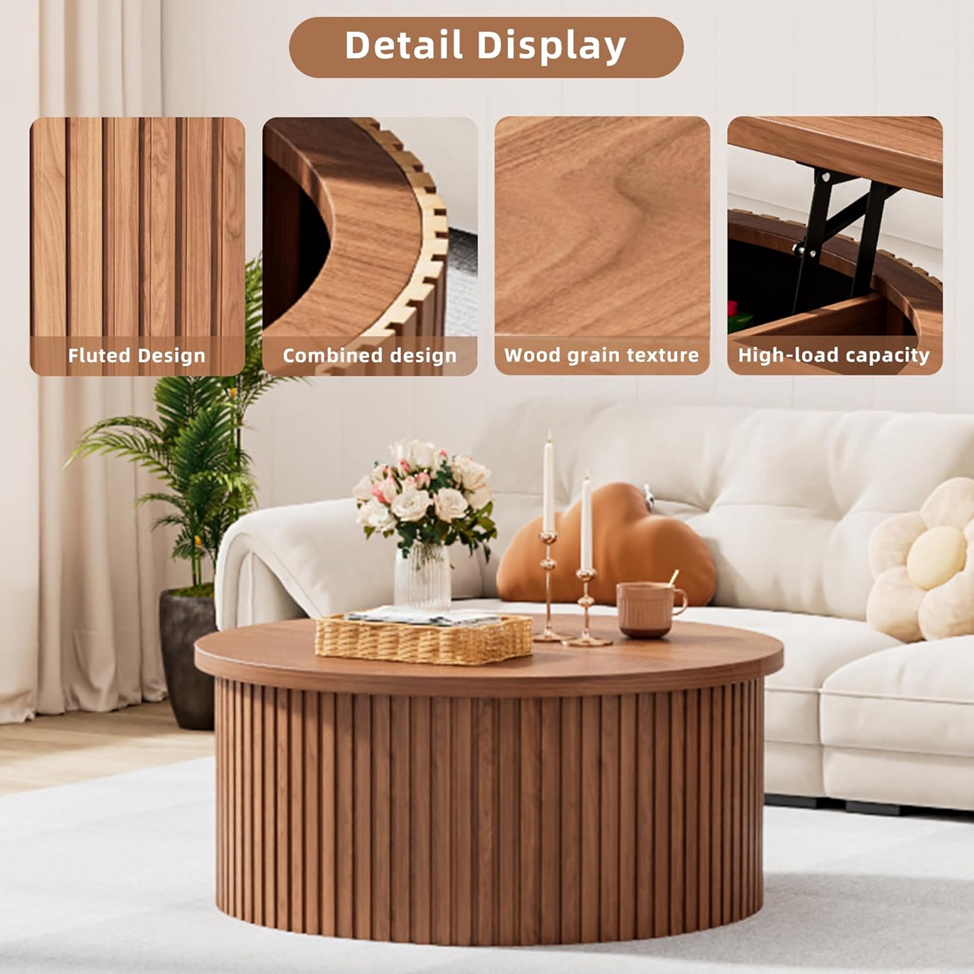 Round Lift Top Coffee Table with Storage Farmhouse Center Table with Hidden Compartment Circle Sofa Table for Living Room Walnut