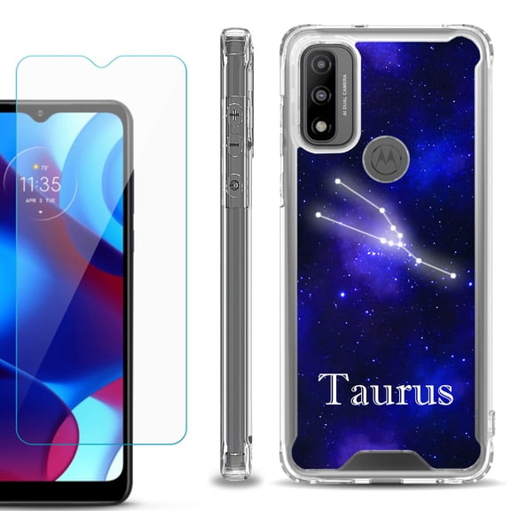 Shockproof Bumper Phone Case for Motorola Moto G Pure, with Tempered Glass Screen Protector, by OneToughShield ® - Zodiac / Taurus