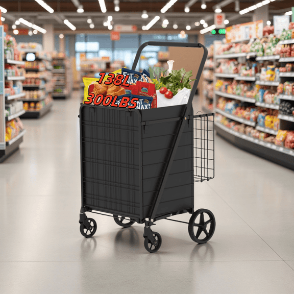 Extra Large Foldable Shopping Cart, Heavy-Duty 330lb Capacity Grocery Cart with Double Basket, 360° Swivel Wheels & Waterproof Liner, Antique Black - Utility Cart for Laundry, Market Trips