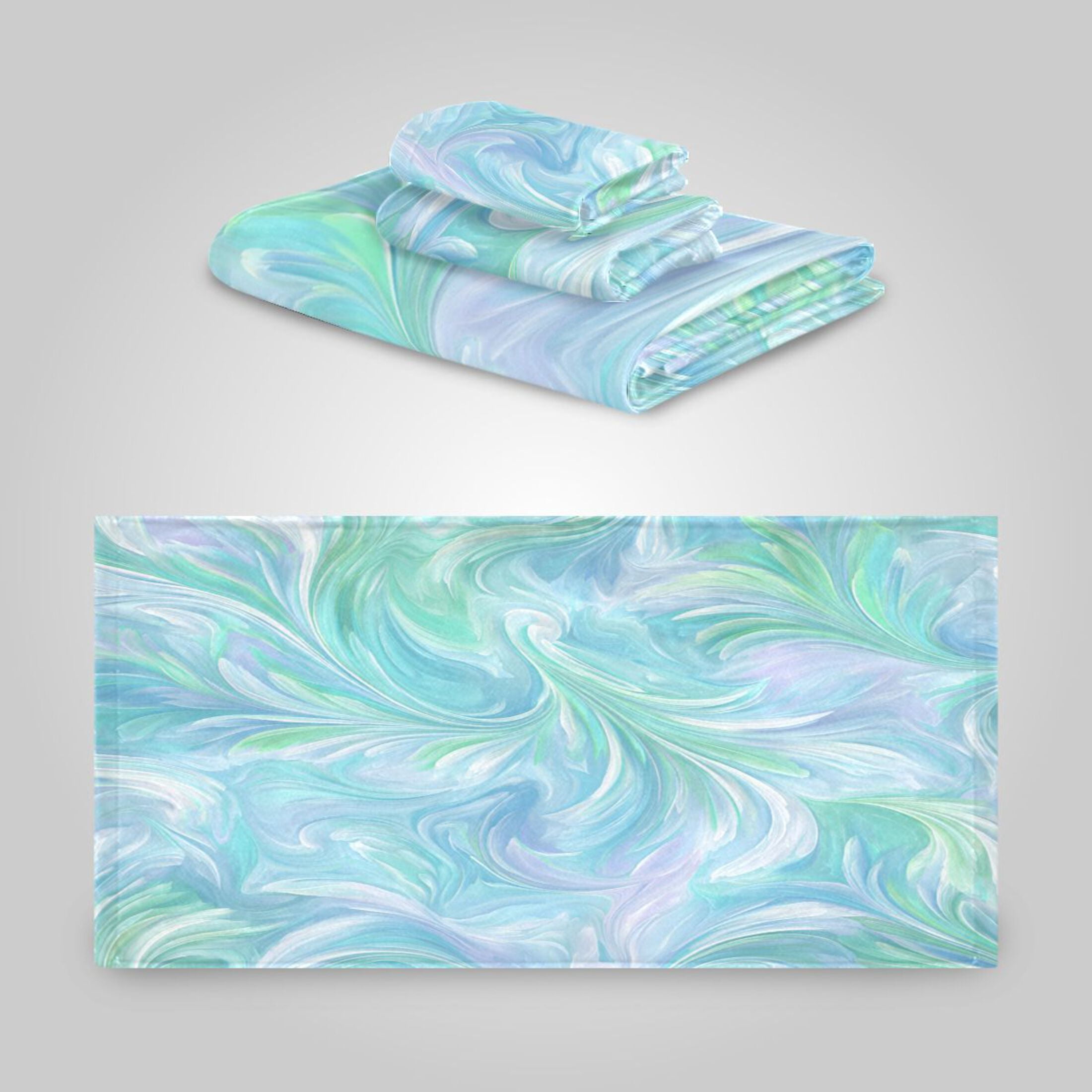 3 Sizes Towel Set - Bath Towel, Hand Towel & Washcloth for Daily Household Use Aqua Swirl Feather Design