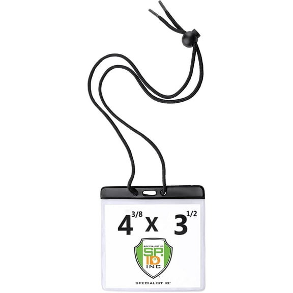 Extra Large Color Bar Badge Horizontal Sleeve (4 3/8 X 3 1/2 - Max Insert) with Matching Color Neck Cord for Travel/Conventions by Specialist ID (Black)