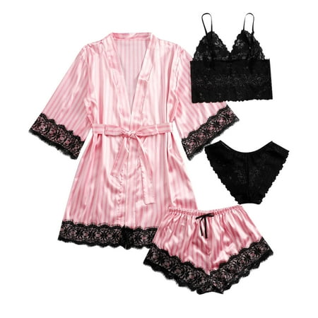 

Women s Satin Pajama Set 4pcs Floral Lace Trim Cami Top Lingerie Sleepwear with Robe PJs Sets for Women