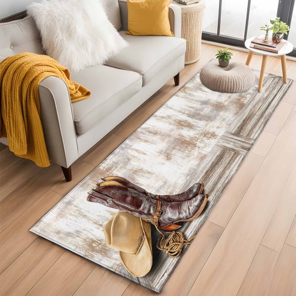 Kitchen Runner 2 x 6 Ft, Western Cowboy Boots Non-Slip Residential Carpet, Vintage Country Brown Wooden Indoor Crawling Mats Runner Rugs for Living Room/Dining Room/Bedroom