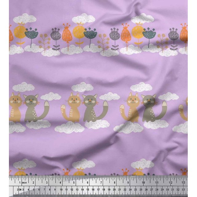 Soimoi Poly Crepe Fabric Floral,Clouds & Cat Kids Decor Fabric Printed Yard 42 Inch Wide