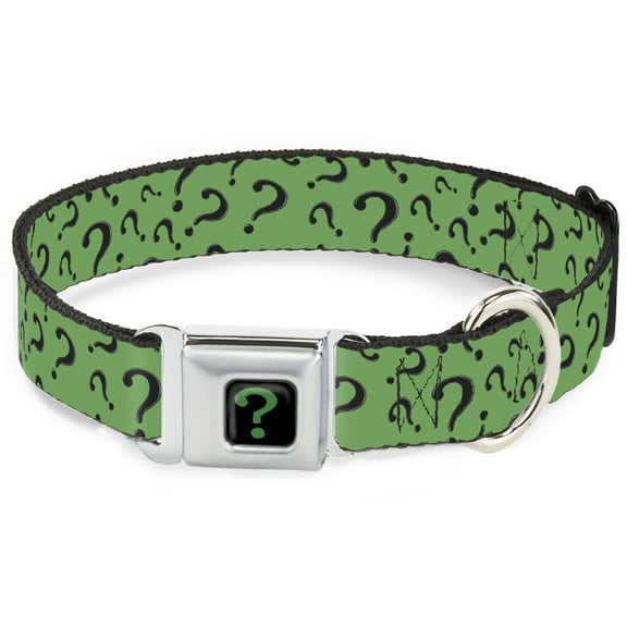 DC Comics Pet Collar, Dog Collar Metal Seatbelt Buckle, Question Mark Scattered Dark Green Black, 9.5 to 13 Inches 1.0 Inch Wide