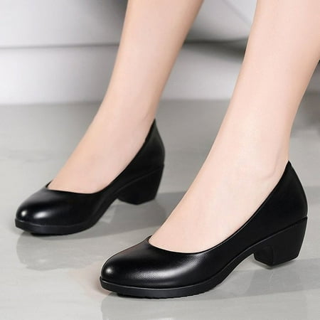 

High heels Four Seasons single-layer shoes chunky heel round toe mid heel women‘s shoes root black shoes work shoes low heel women‘s single