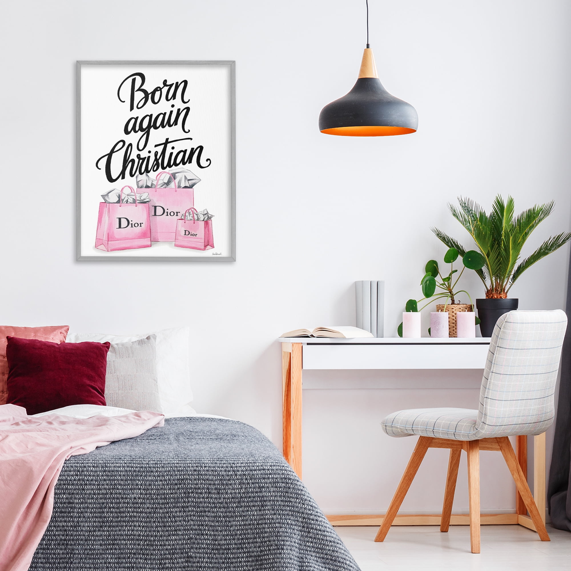 Pink Bags Born Again Christian Gray Framed Giclee Art, design by Amanda Greenwood