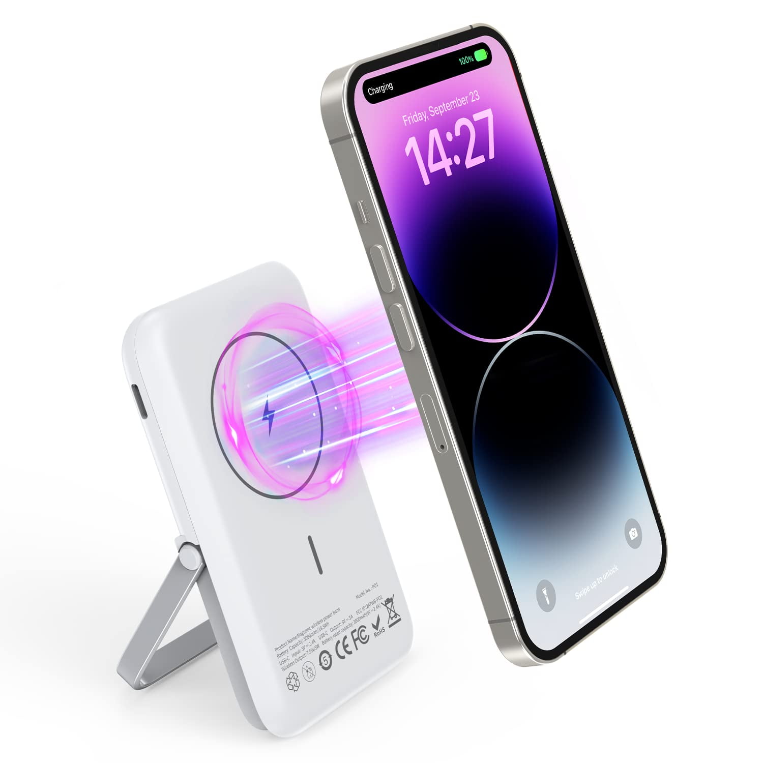 Magnetic Power Bank 5000mAh, Wireless Portable Charger with Foldable Stand,  iPhone Battery Pack with Type-C Port for Apple iPhone 14/13/12 Series