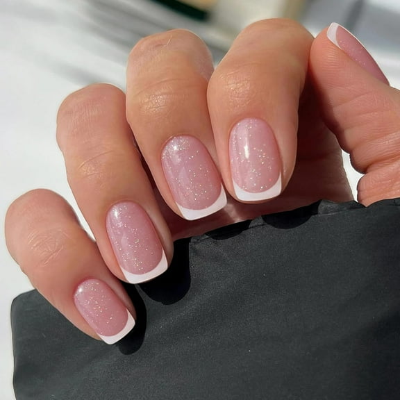 Fine Glitter French Press On Nails Short Square Fake Nails with White Tip, Light Pink Full Cover Acrylic False Nails Cute Glue on Reusable Stick on Nails for Women Daily Wear, 24Pcs Ombre Pink