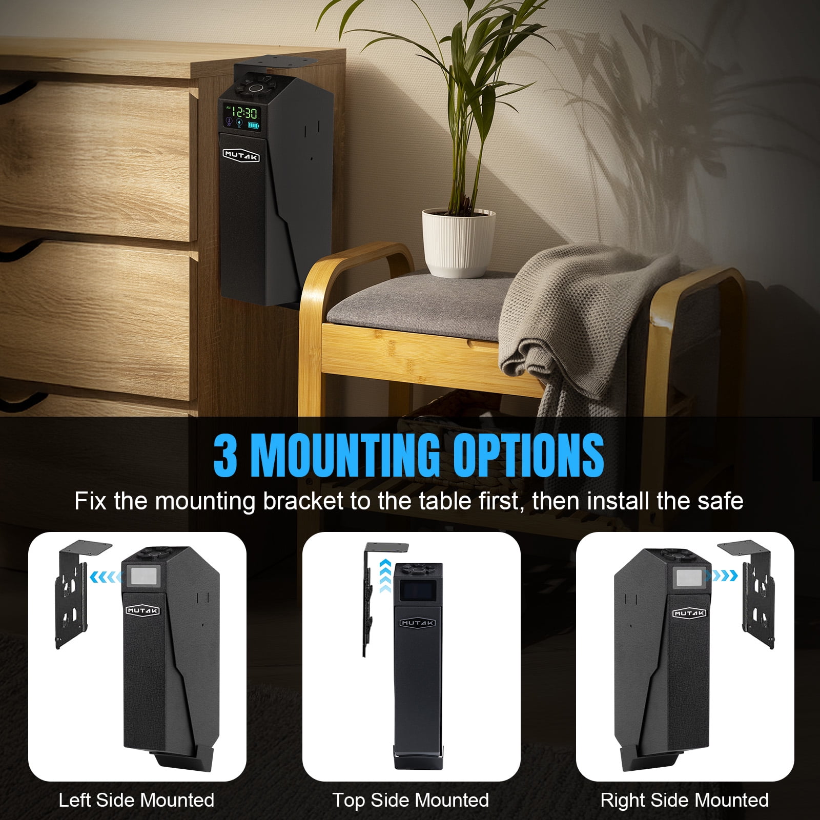 Biometric Finger Recognition Lock, Mutak Fast auto-Open Handgun Box, Quick-Access Pistol Safe Wall Mounting for Nightstand, Bedside, and Desk Table