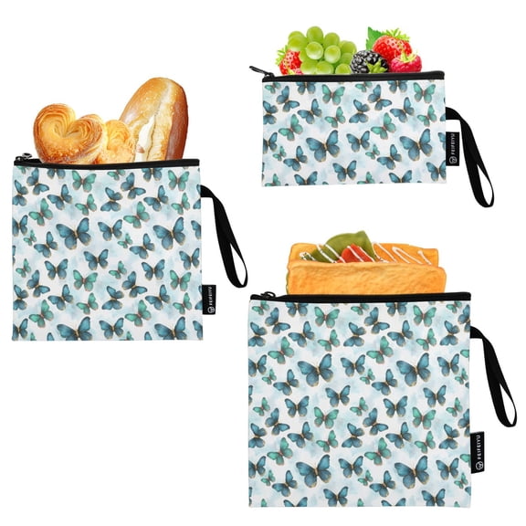Ryvnso 3 Pack Reusable Snack Bags Sandwich Storage Pouches Washable Lunch Bag Butterflies
