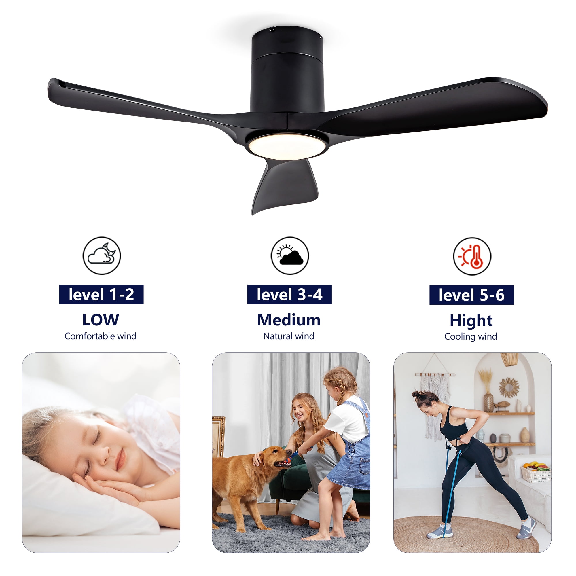 Ceiling Fan with Lights, 42 Inch Flush Mount Remote Control ABS Blades Ceiling Fan for Bedroom Farmhouse Home, Black