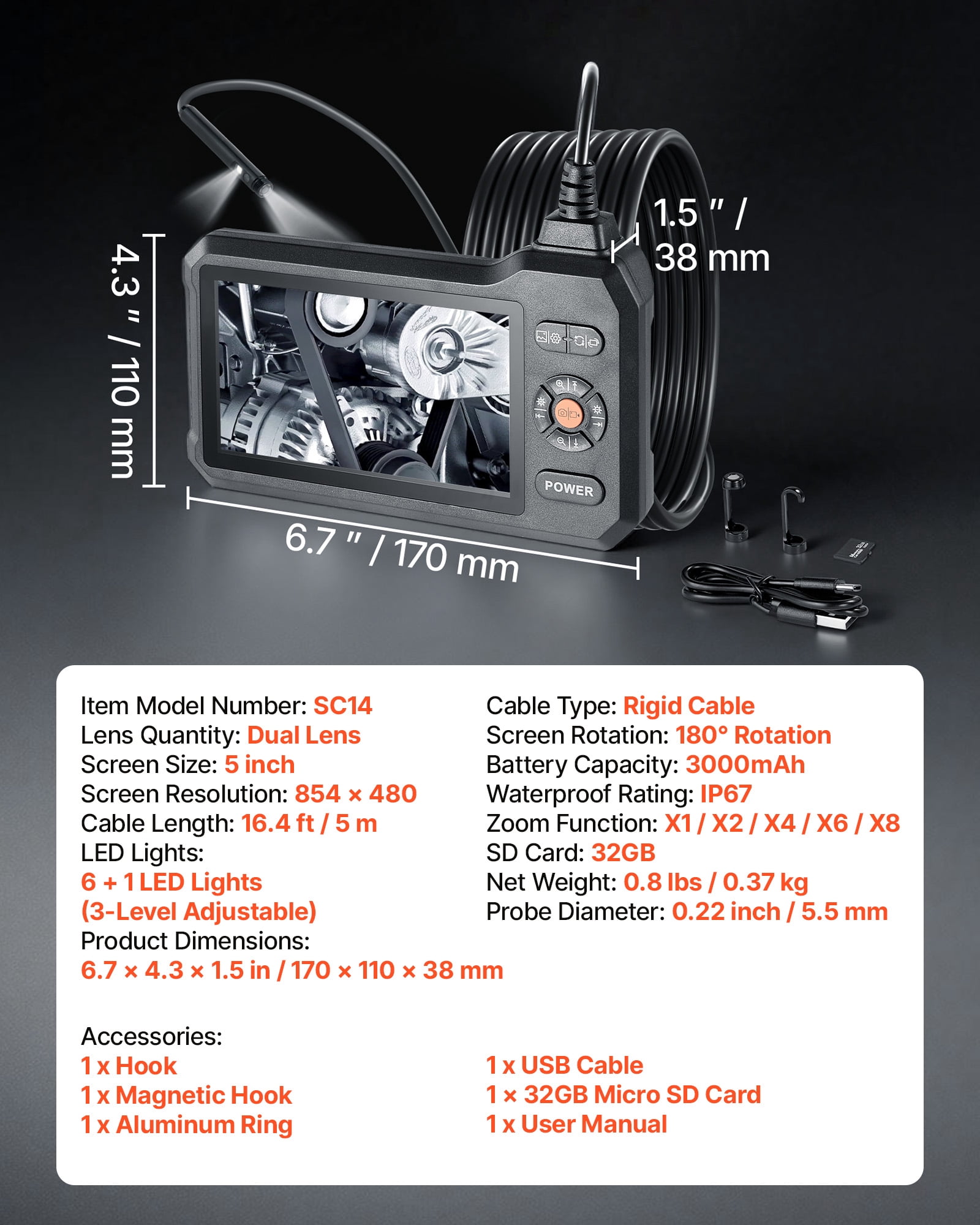 VEVOR Dual Lens Endoscope with Light, 5" HD IPS Screen Industrial Borescope Camera, 0.22-inch Slim Lens, 8X Zoom, IP67 Waterproof Inspection Snake Camera for Automotive, Plumbing (16.4FT Rigid Cable)