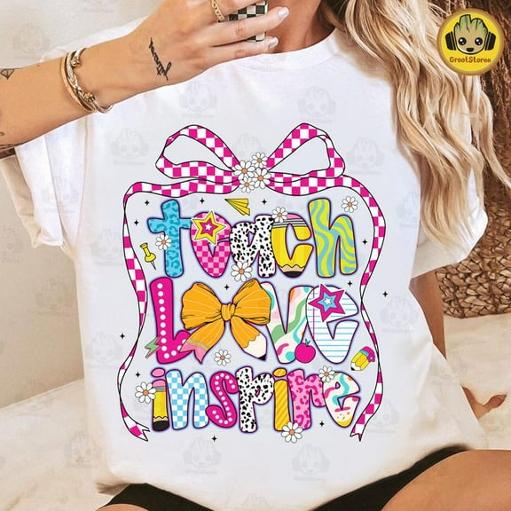 Teacher Life T-shirt, Preppy Teach Love Inspire T-shirt, Preppy Teacher Pencil Glitter Doodle T-shirt, Pencil Bow Leopard Teacher T-shirt.
