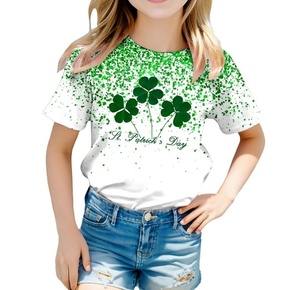 FUZHIQ Kids St. Patrick's Day Shirts Funny Shamrock Short Spring Summer Shirt Top Round Neck Holiday Party Outdoor Girls Shirts Size 7-8(Green,10-11 Years)