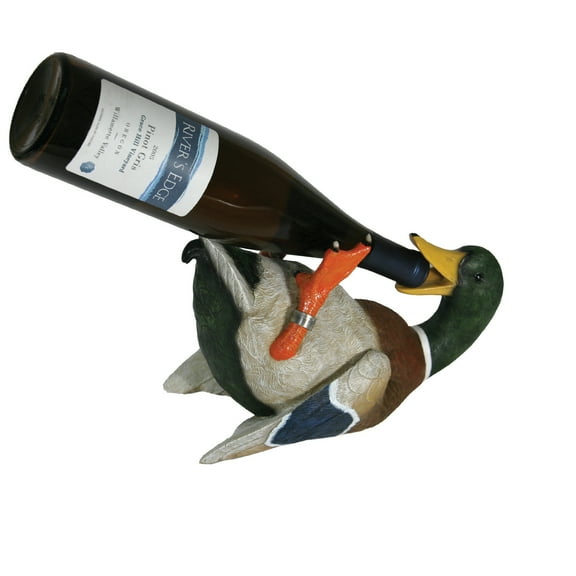 Rivers Edge Products Wine Bottle Holder for 750ml Standard Wine Bottle, Hand-Painted Poly Resin Kitchen Decor, Unique and Rustic Home Decor for Countertop or Wine Bar, Mallard Duck