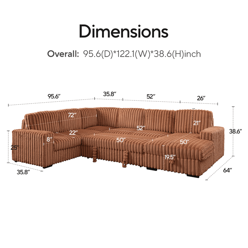 Oversized 122" U-Shaped Sectional Sleeper Sofa Bed with Pull-Out Bed,Storage Chaise,Rabbit Plush,7-Seat, Orange