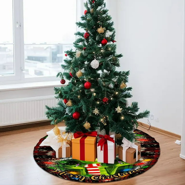 Christmas Tree Skirt Burlap Rustic Tree Skirt with Grinch Merry Christmas Sign Tree Ornaments Green Buffalo Plaid Christmas Tree Mat Christmas Decorations 30inches 43 Walmart