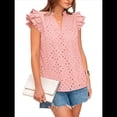thumbnail image 3 of Blusas de Verano con Ojales para Mujer, Elegantes, Informales, con Cuello en V, Volantes, Mangas , de Algodón, Estilo Bohemio, con Encaje Bordado. Rosa M, 3 of 7