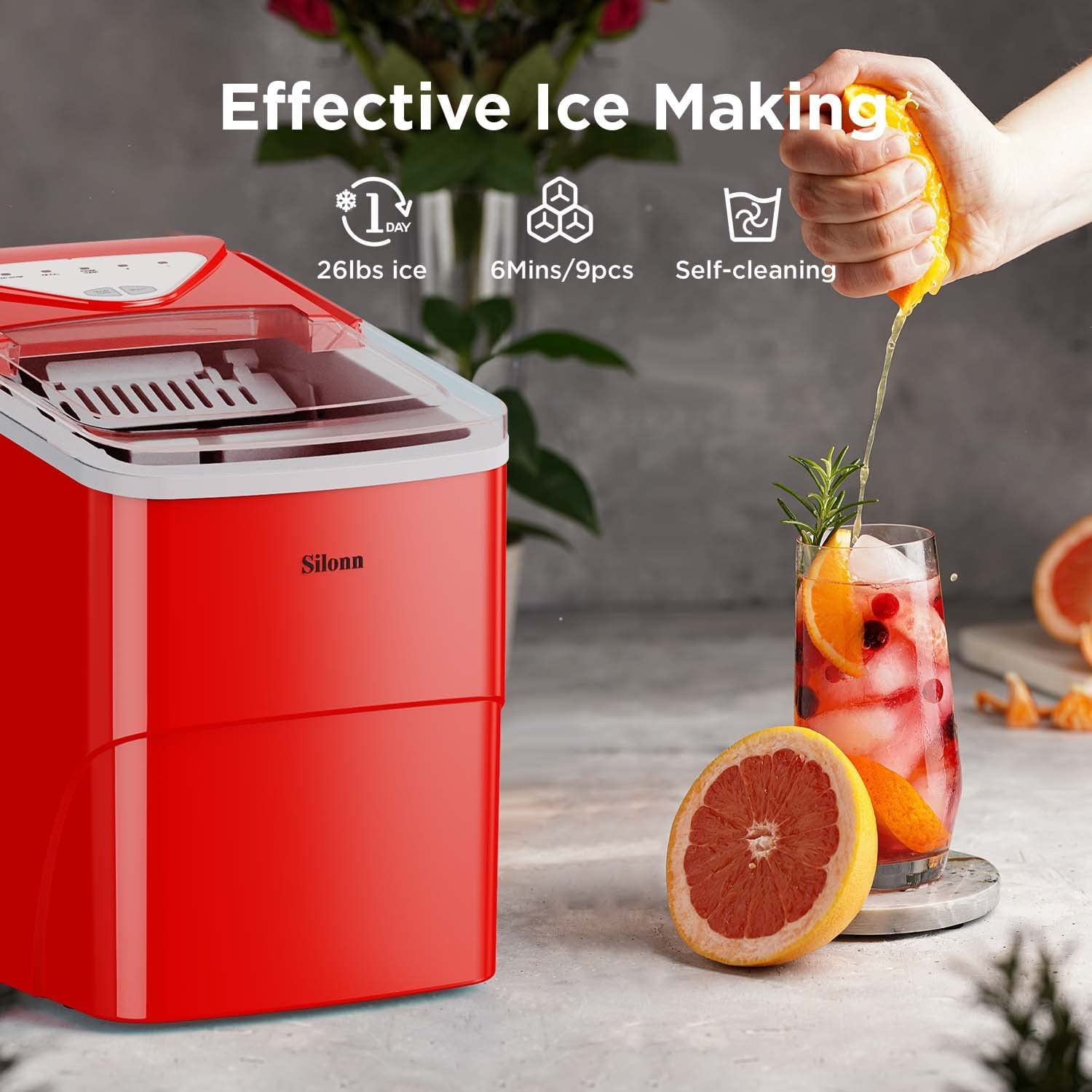 Countertop Ice Maker Machine, 9 Cubes in 6 Mins, 26lbs/Day Self-Cleaning with Scoop & Basket, 2 Ice Sizes for Home Kitchen Office Bar Party, Red