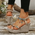 thumbnail image 4 of Women's Bohemian Wedge High Heel Dress Sandals Ethnic Boho Tassel Platform Chunky Slingback Beach Shoes, 4 of 6