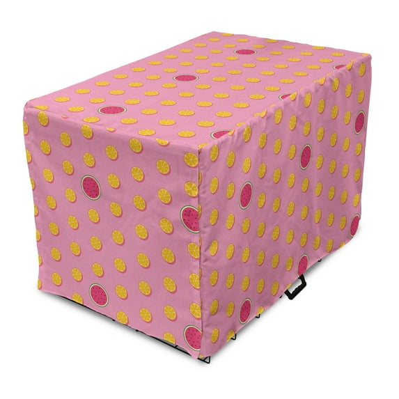 Summer Dog Crate Cover, Fruits Graphic Watermelon and Orange Slices on Polka Dots Summer Symmetric, Easy to Use Pet Kennel Cover Small Dogs Puppies Kittens, 7 Sizes, Marigold and Pink, by Ambesonne