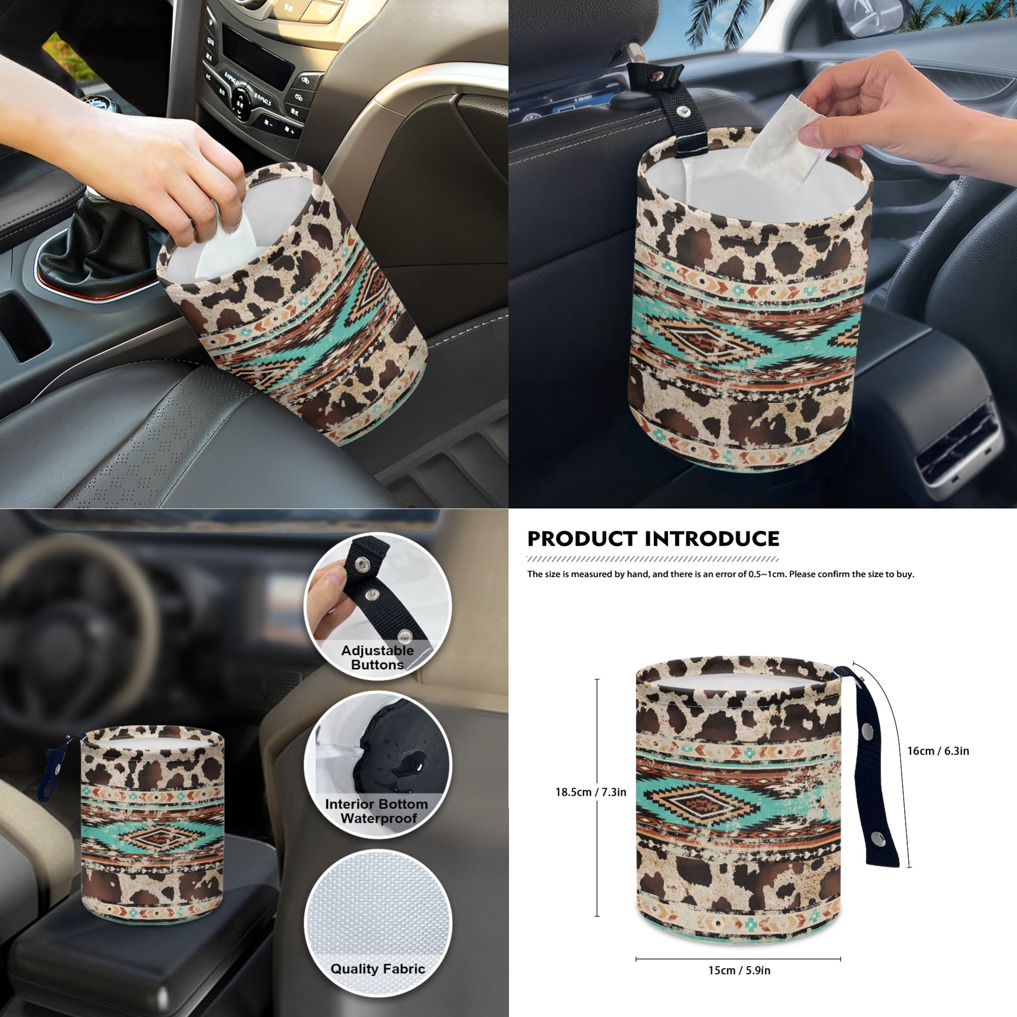Renewold American Tribal Brown Cow Print Retro Car Seat Cover Full Set 14 PCS, with Steering Wheel Cover Seatbelt Pad Coasters Rubbish Bin Rear View Mirror Armrest Gear Shift Knob Cover Set