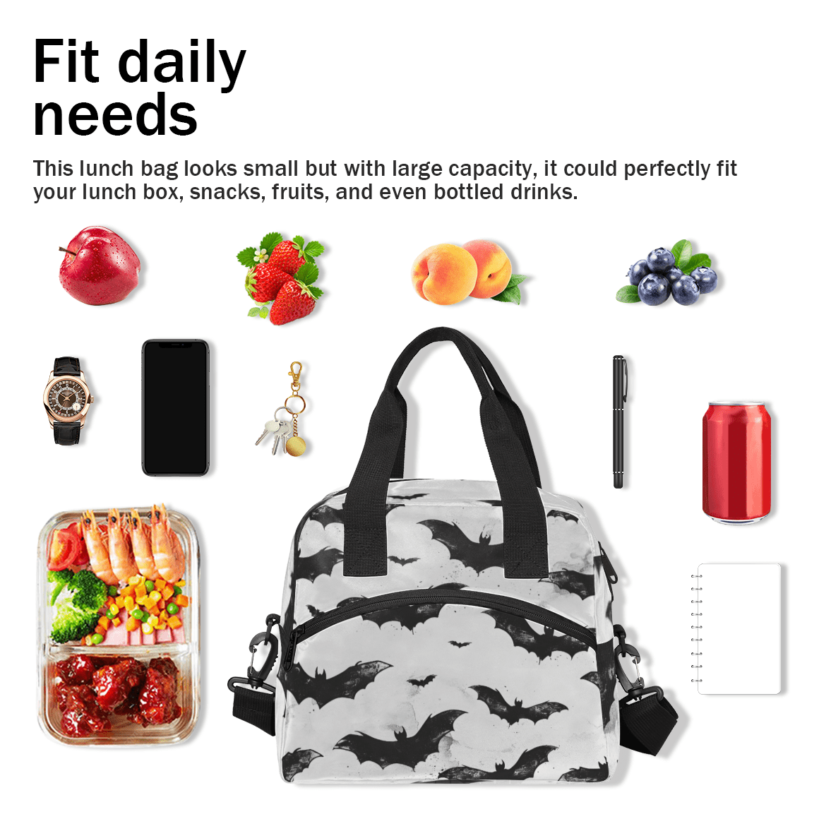 Herdesigns Halloween Bat Insulated Lunch Bag for Women Men Adults Large Reusable Lunch Box Spooky Bat Leakproof Cooler Tote Bags with Adjustable Shoulder Strap