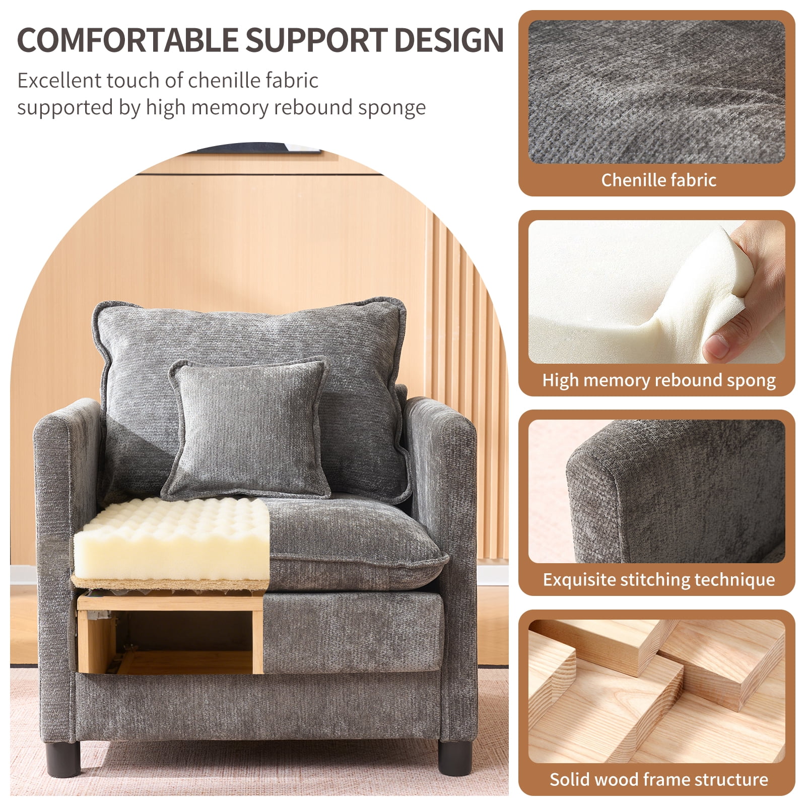 Modern Accent Chair,Linen Single Sofa Chair,Modern Reading Armchair with Pillow for Living Room,Bedroom,Dark Grey