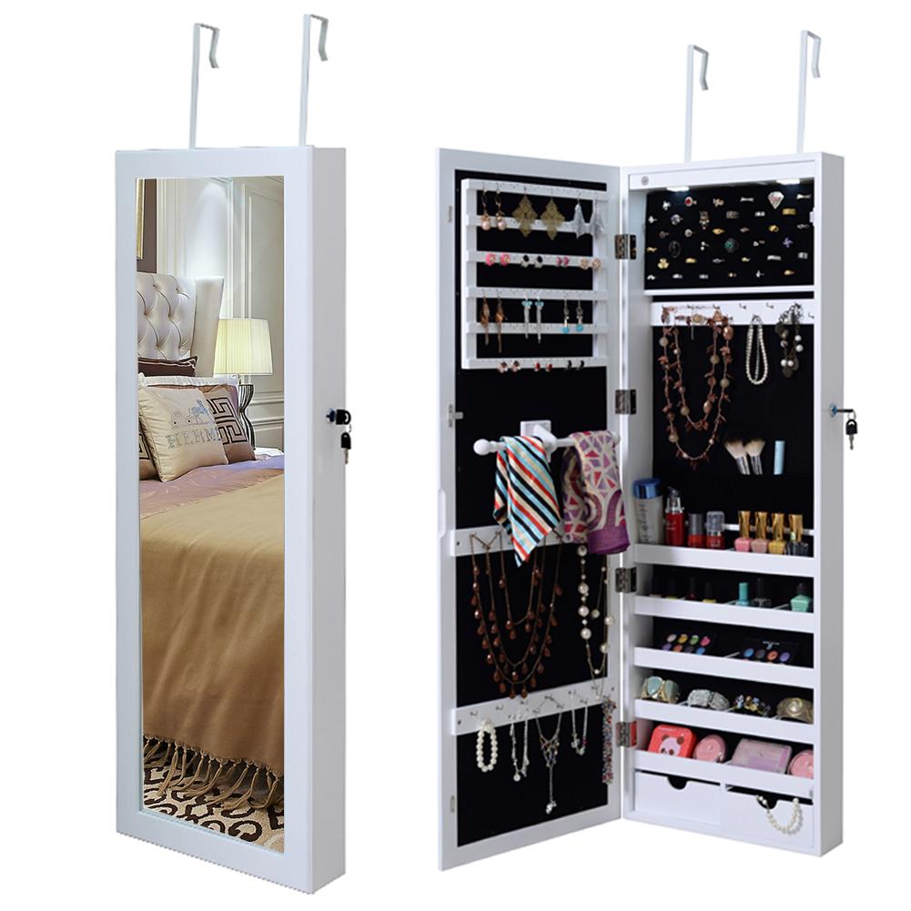 Giantex Wall/Door Mounted Jewelry Cabinet Armoire, Lockable Armoire Cabinet  w/ Full Length Mirror, LED Lights, Adjustable Hanging Hooks, Jewelry  Organizer for Dressing Make-up (White)