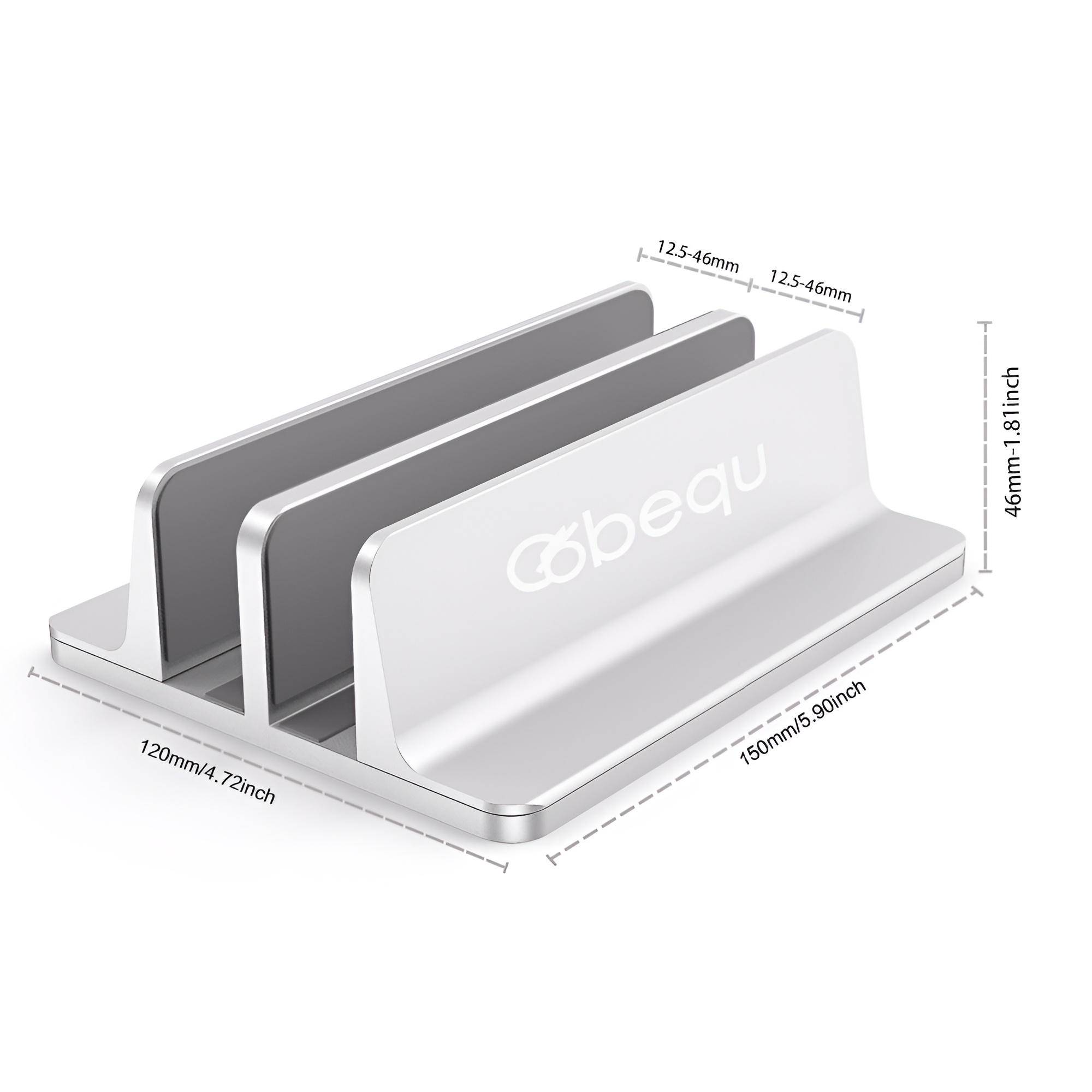 BEQU 2 Slots Vertical Laptop Stand/Holder (Silver), Heavy Duty Aluminum, Anti-Slip Silicone Pad, Adjustable, Fits All IPADs/Tablets/Laptops (MacBook/Windows/Linux/Chromebook upto 17.3 inches)