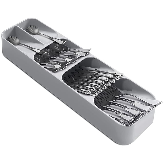 Organizador de cajones Caja de almacenamiento de cubiertos de cocina Compacto separador de cubiertos Porta cubiertos con icono de cuchillo cuchara tenedor -Gris