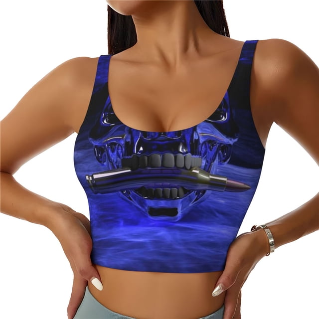 Fotbe Steel Skull Sujetador Deportivo Largo sin Aros para Mujer con Almohadillas y Soporte Medio, Transpirable y Absorbente, Camiseta Tipo Chaleco o Tank Top-Medium