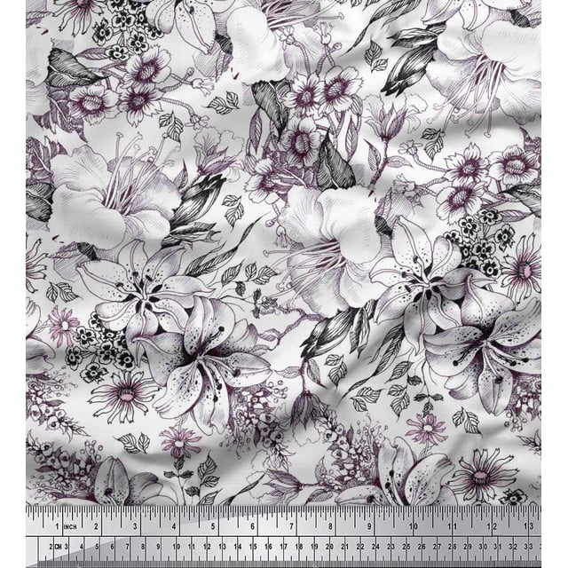 Soimoi Velvet Fabric Leaves & Flower Floral Printed Fabric 1 Yard 58 Inch Wide