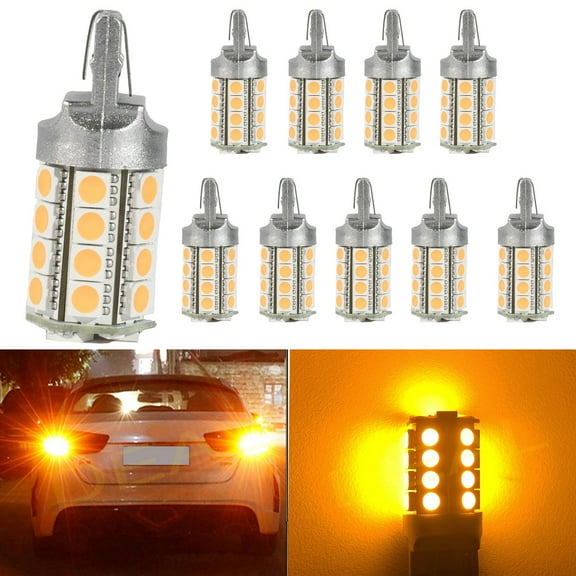 10pcs 7440 Super Bright Yellow/Amber DC 12V 30-SMD LED Bulbs For Front Rear Turn Signal/Side Marker/Backup/Reverse/Stop/Brake Tail Light Lamp Single Filament