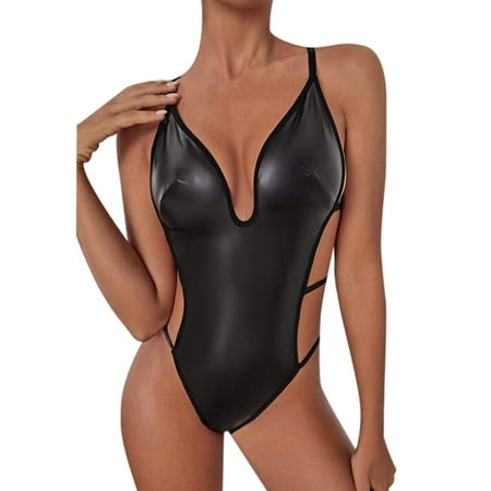 Fashion Sexy Patent Leather Sleepwear Lingerie Temptation Underwear Nightdress Sexy Lingerie For Women Leather Body Suits Lingerie For Women With Robe