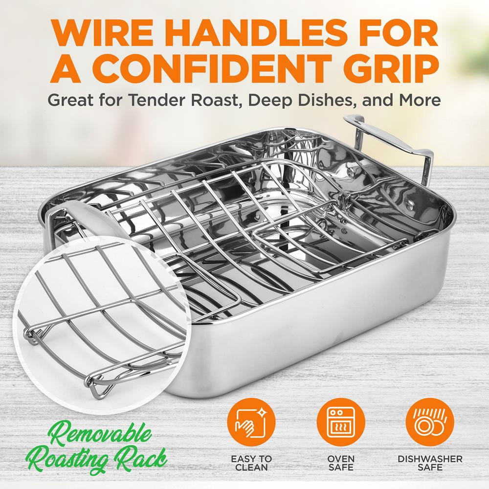 NutriChef Roasting Pan with Polished Rack, Handle, and Stainless Steel - 2 Pieces