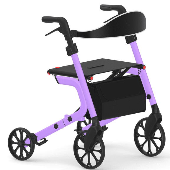 Walkers for Seniors with Seat, Foldable Rollator Walker, Reinforced Aluminum Frame, 8" Big Rubber Wheels for All Terrain, Height Adjustable Lightweight Rolling Walker