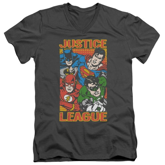 JLA Justice League Hero Mashup S/S Adult V-Neck 30/1 T-Shirt Charcoal