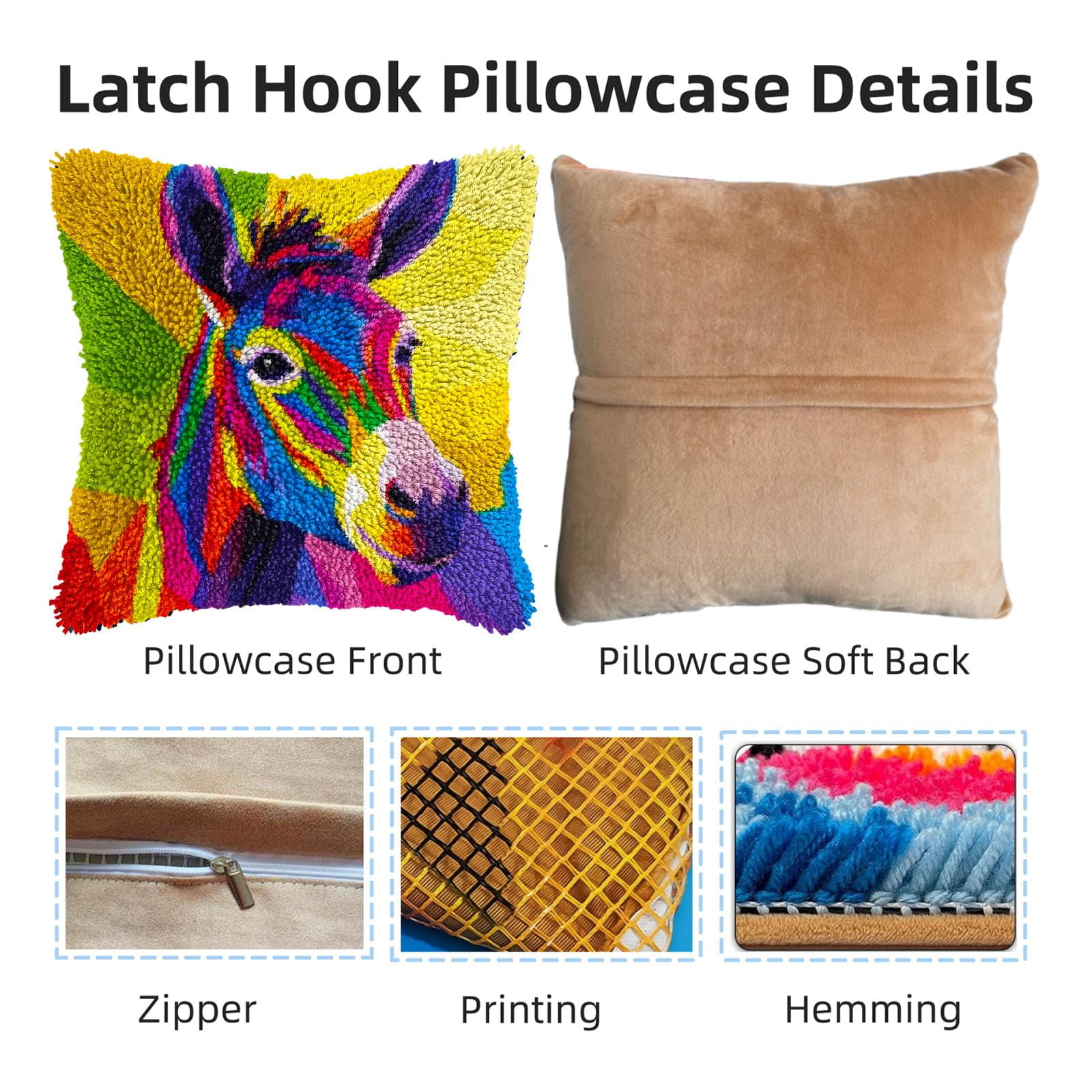 Colorful Donkey DIY Latch Hook Pillow Kits for Adults Printed Pillowcase Crochet Yarns Hooking Handmade Pillow Cover Cushion for Home Sofa Decoration 17x17inch