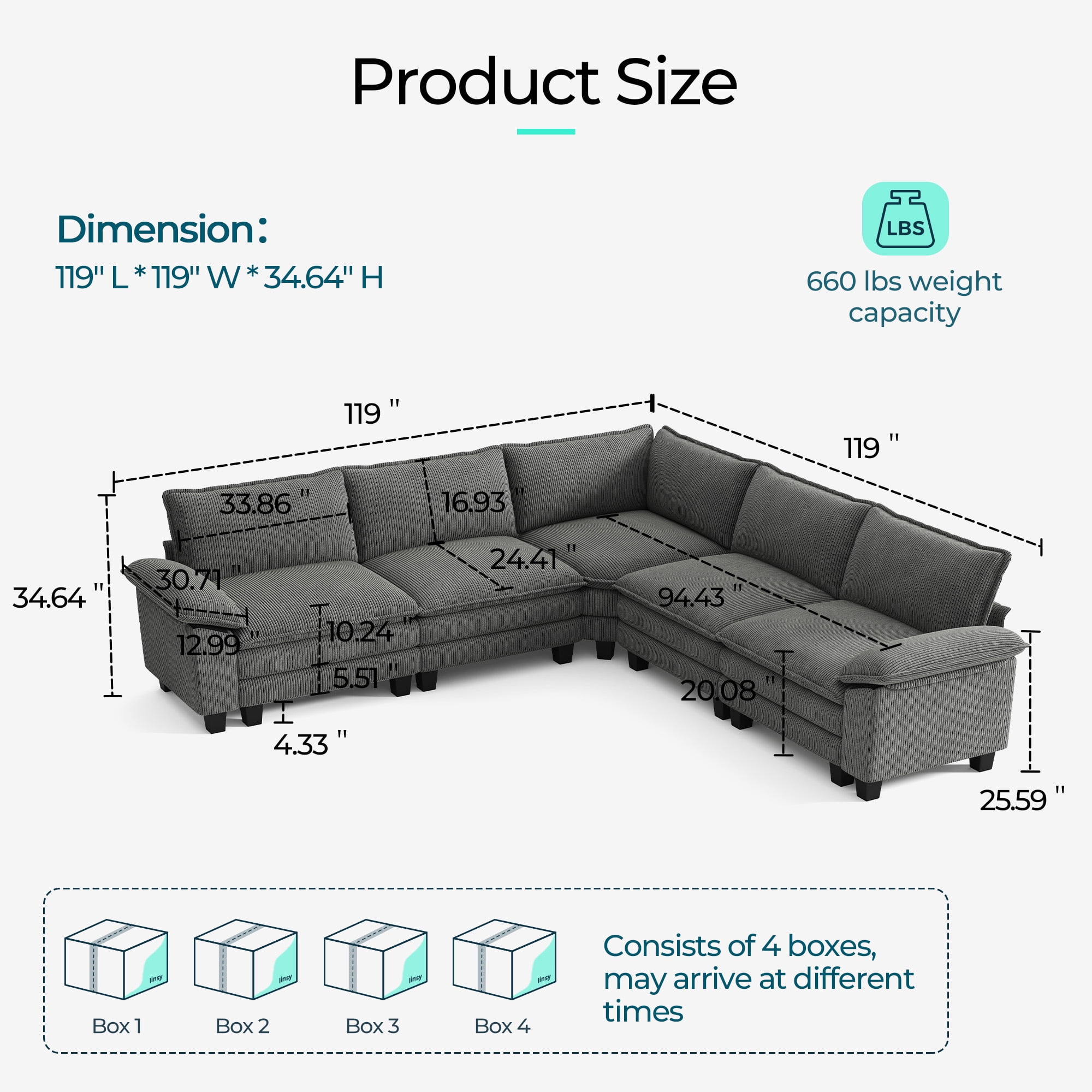 Linsy Home 153" Cloud Modular Sectional Sofa for Living Room, V-Shaped Cloud Sofa Couch with Corduroy Fabric, 5 Seat Oversized Couch with Corner Seat&Movable Ottoman, Grey
