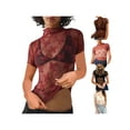 thumbnail image 2 of Women's Short Sleeve Mesh Top Mock Neck Sheer Blouse Y2k See Through Floral Lace Tee Shirt Aesthetics Going Out Tops, 2 of 4