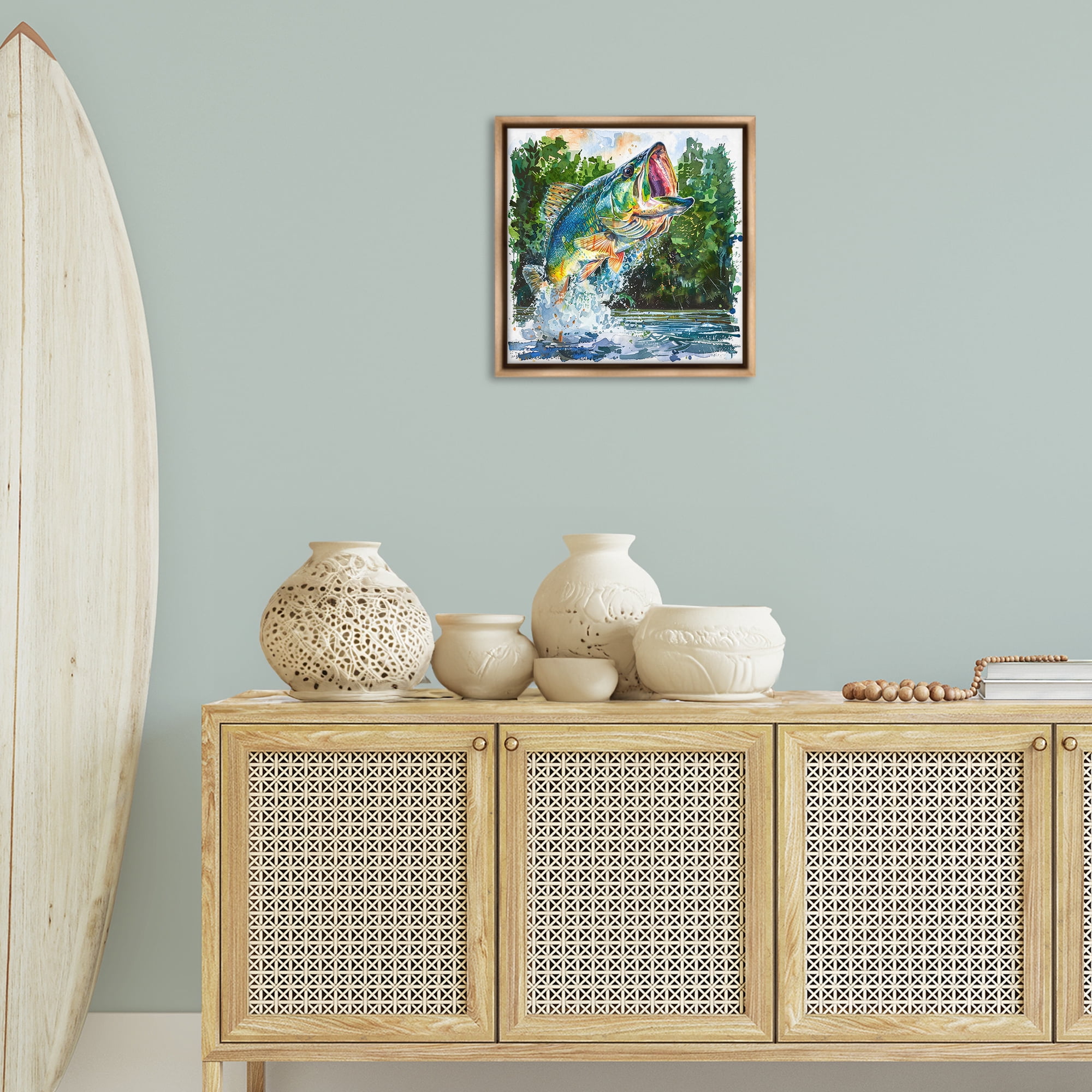 Stupell Industries Splashing Bass Fish Animals Painting Brown Floater Framed Canvas Art Print Wall Art, 18 x 18