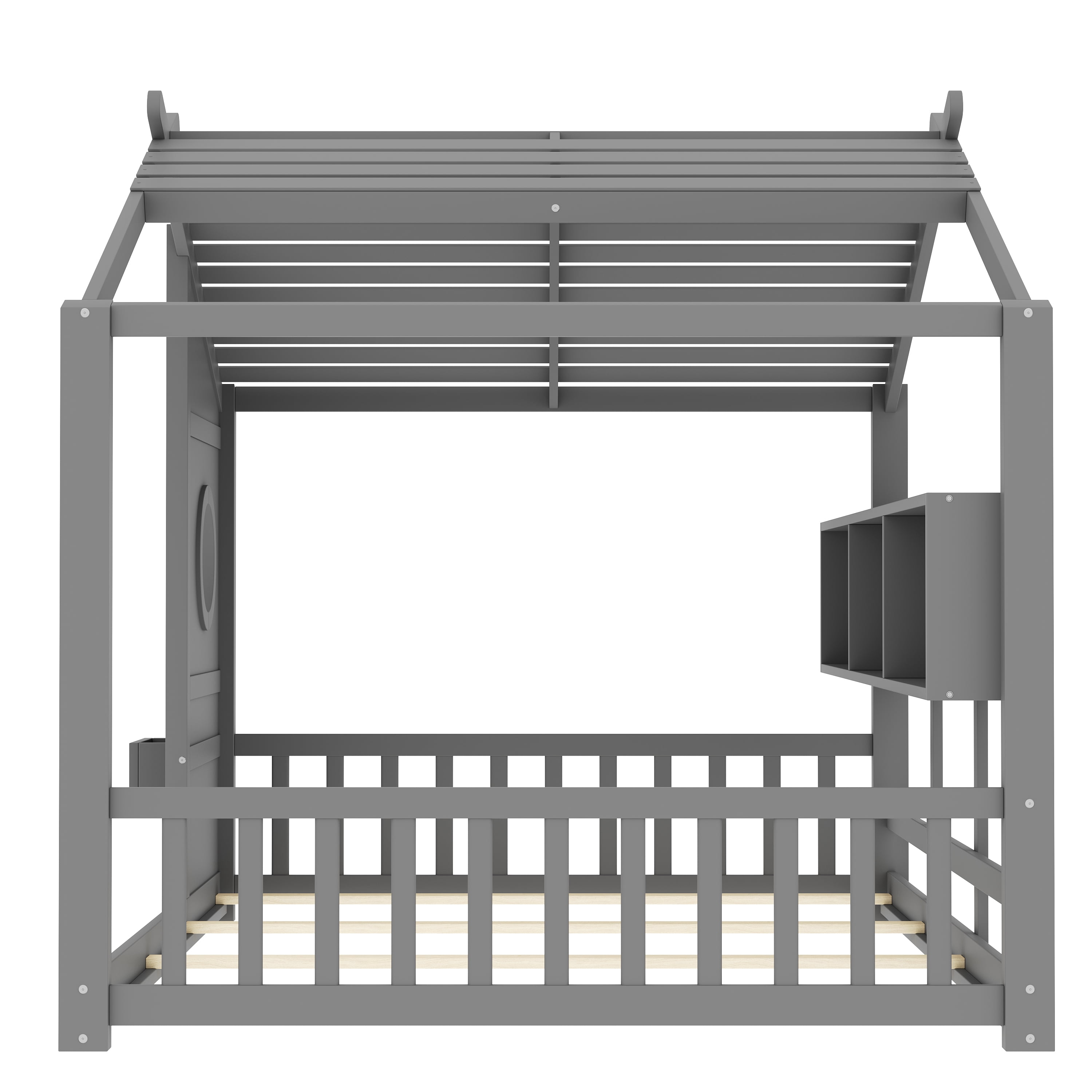 Mintazer Full Size Montessori House Floor Bed with Gable Playhouse Roof & Storage Cubbies, Low Platform Bed Frame with Round Window Side Panel for Toddlers Kids Bedroom, Gray