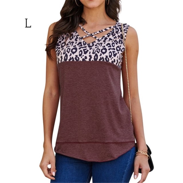 Camiseta sin mangas Jumpingount Estampado de leopardo Rojo vino L