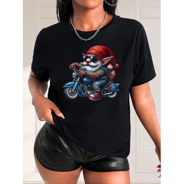 Casual Stylish Round-Neck Short-Sleeve T-Shirt Featuring Santa on a Motorcycle for Black Women Celebrating Christmas.